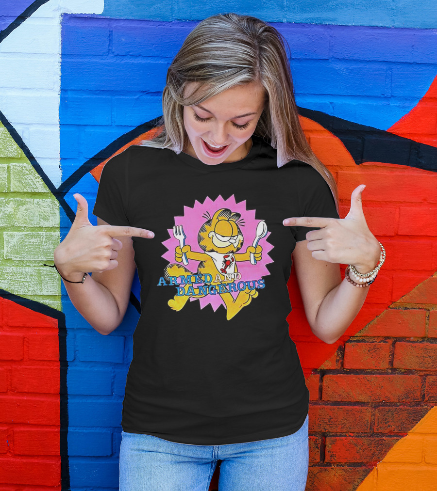Armed And Dangerous Garfield With Fork And Spoon On Pink Starbursts T-Shirt