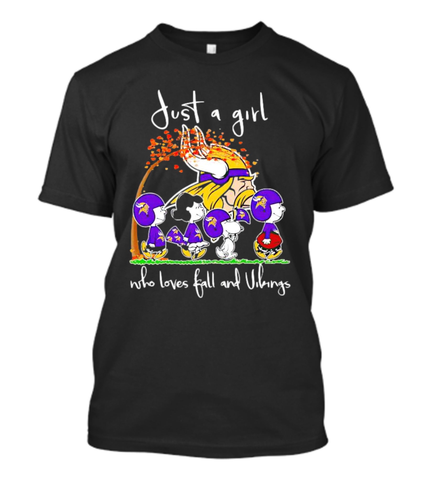 Peanuts Characters Just A Girl Who Loves Fall And Vikings With Autumn Tree And Football Helmets T-Shirt