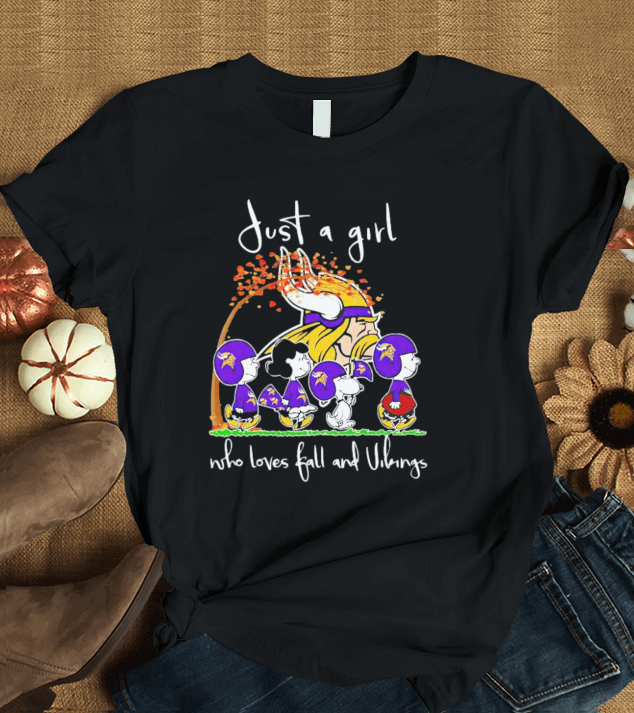 Peanuts Characters Just A Girl Who Loves Fall And Vikings With Autumn Tree And Football Helmets T-Shirt
