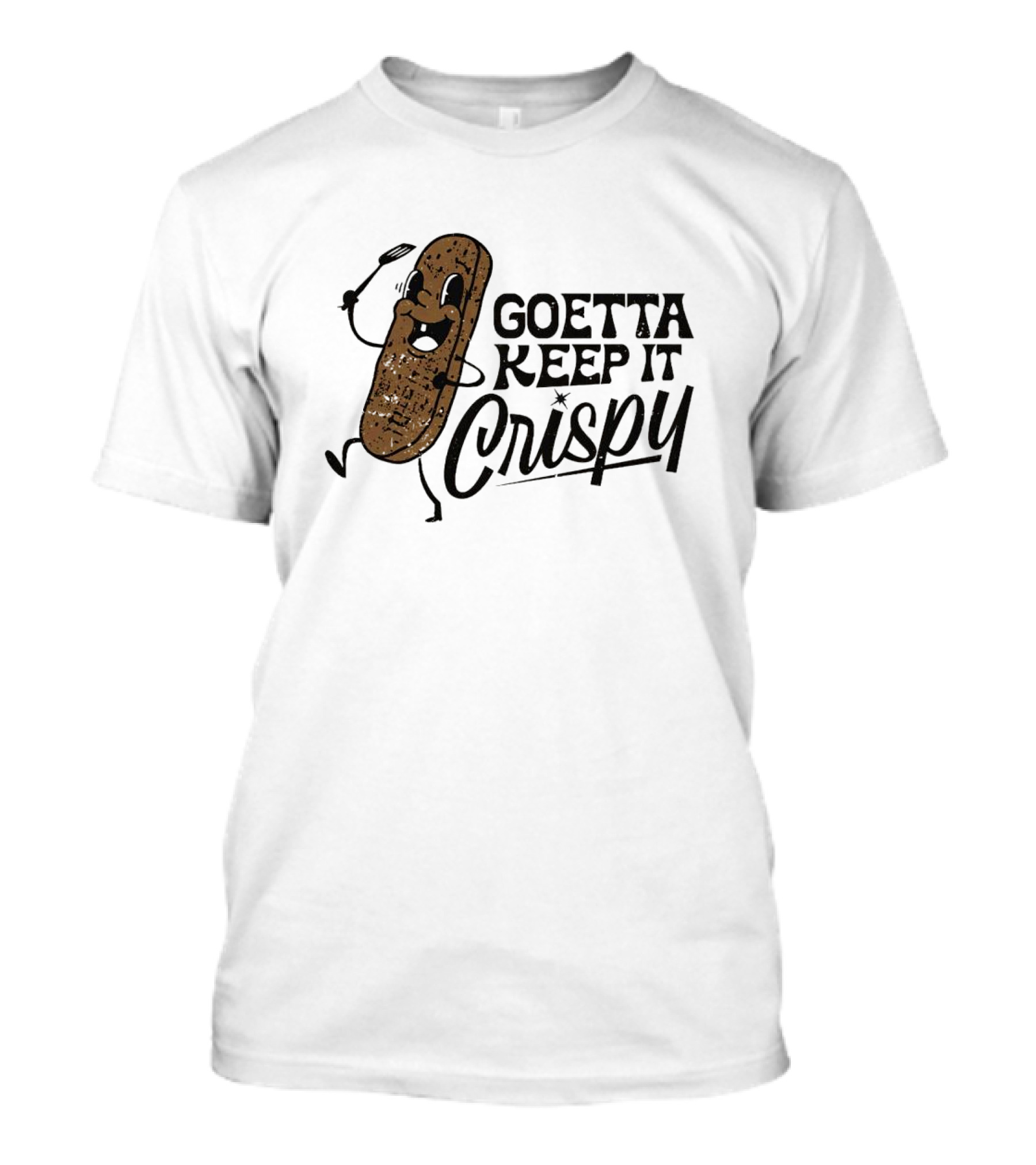 Goetta Keep It Crispy Smiling Fried Stick Character With Fork Enthusiastically Walking T-Shirt