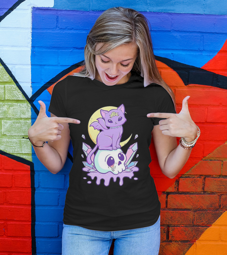 Witchy Cat With Moon And Skull Crystals T-Shirt