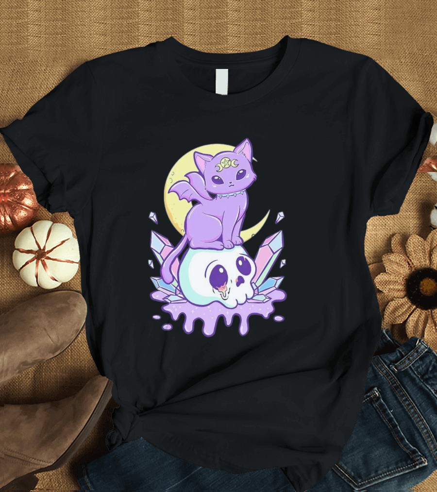 Witchy Cat With Moon And Skull Crystals T-Shirt