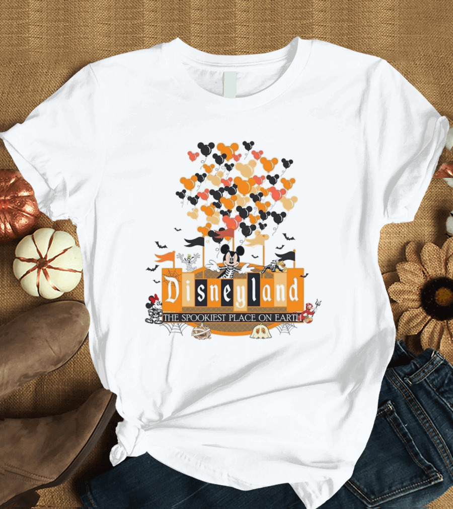 Disneyland Halloween Mickey Mouse The Spookiest Place On Earth Orange Bats And Pumpkins T-Shirt