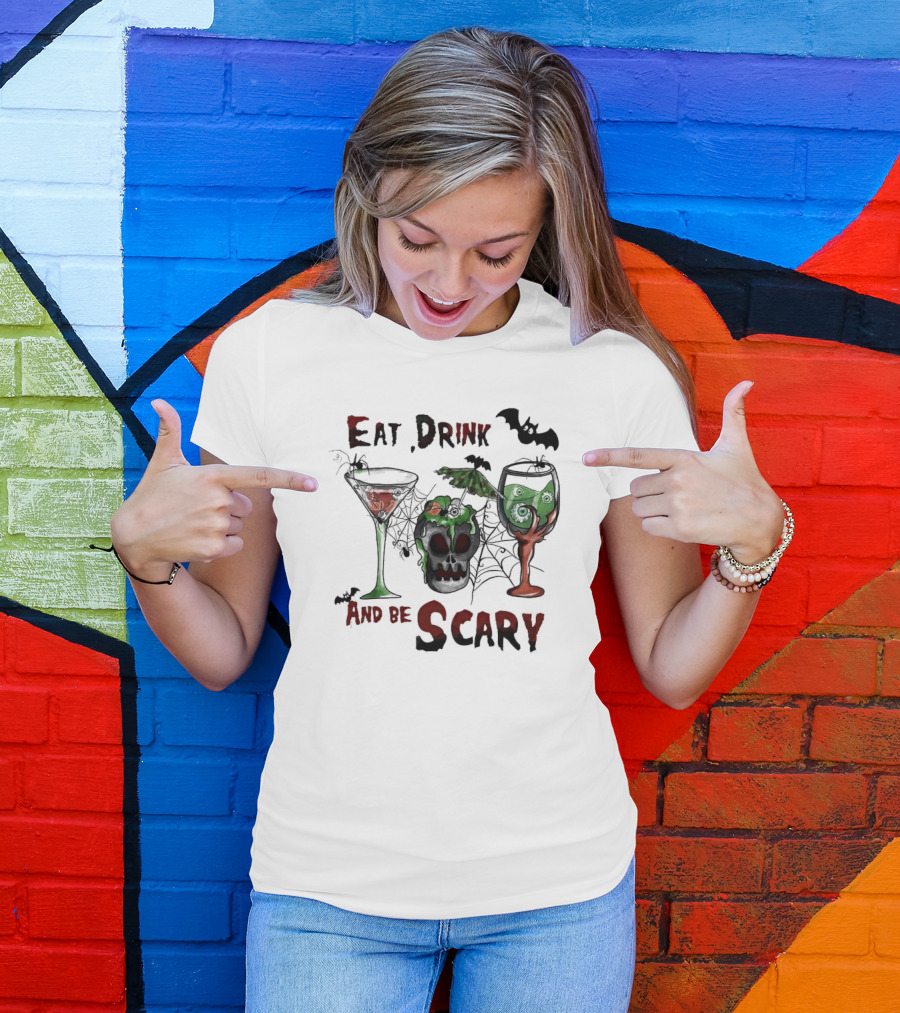 Eat Drink And Be Scary Halloween With Bat And Skull Cocktails T-Shirt