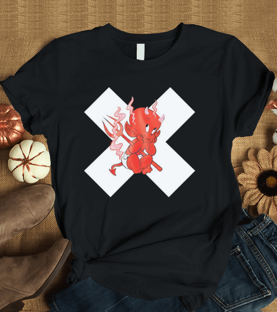Baby Devil Cartoon Character With Pitchfork On White X T-Shirt