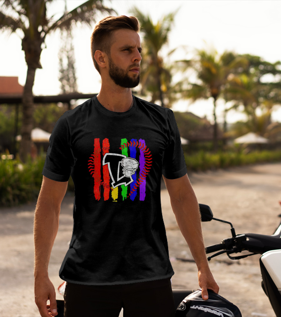 Lansing Lugnuts Pride Logo With Rainbow Stripes And Baseball Seam T-Shirt
