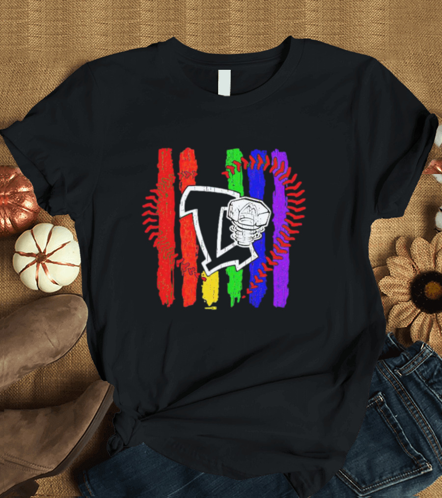 Lansing Lugnuts Pride Logo With Rainbow Stripes And Baseball Seam T-Shirt