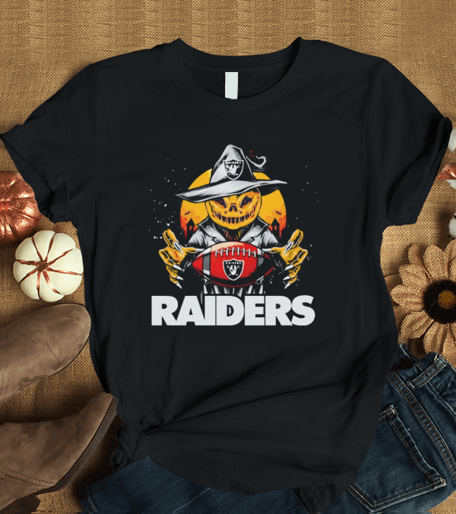 Las Vegas Raiders Halloween Pumpkin Witch Holding Football T-Shirt