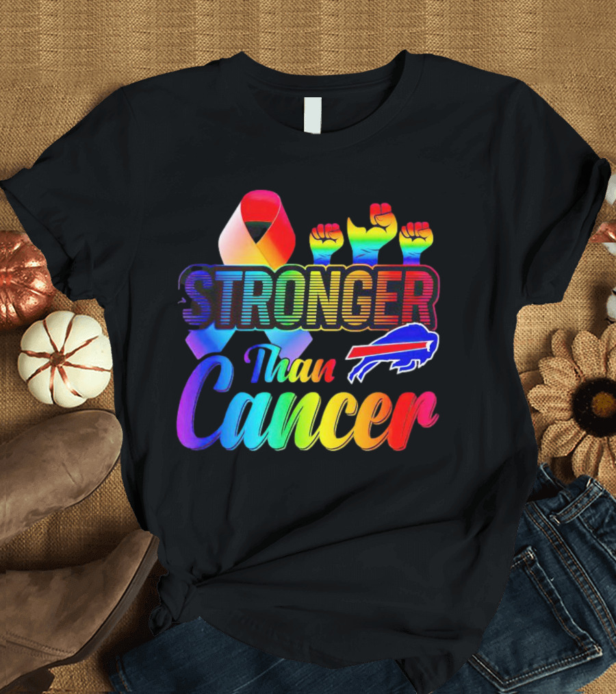 Stronger Than Cancer Buffalo Bills Rainbow Ribbon And Fists T-Shirt