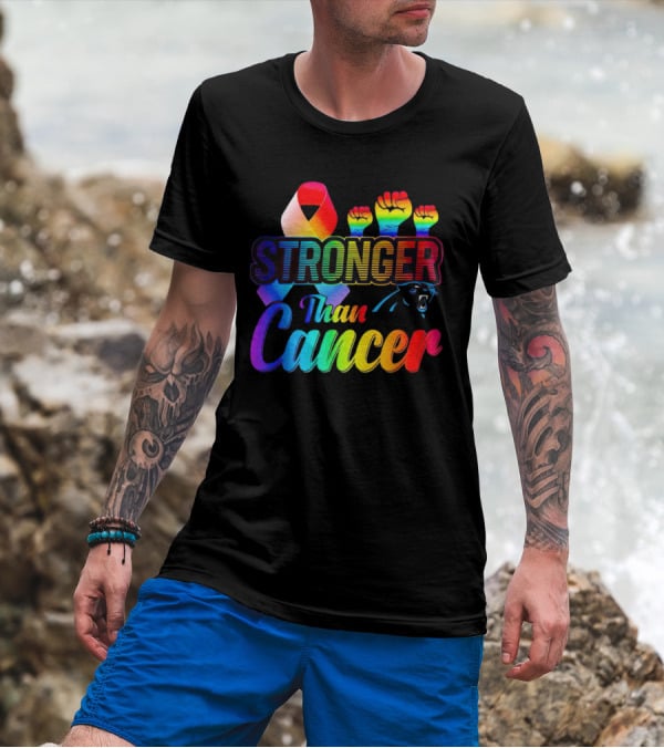 Carolina Panthers Stronger Than Cancer Rainbow Ribbon And Fists T-Shirt