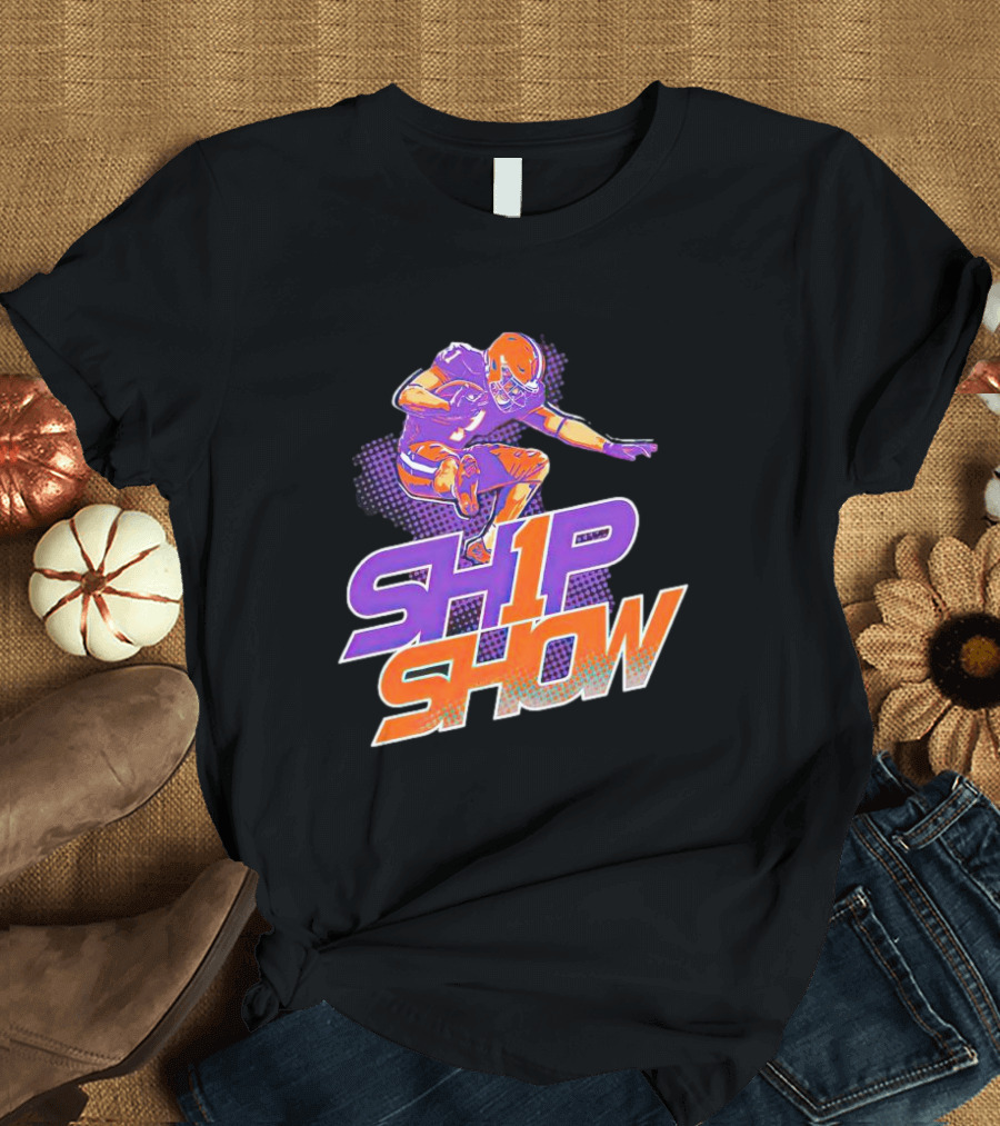 Clemson Tigers Ship Show Football Player In Orange And Purple T-Shirt