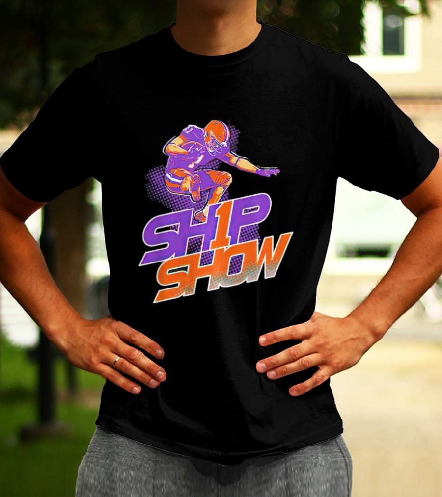 Clemson Tigers Ship Show Football Player In Orange And Purple T-Shirt