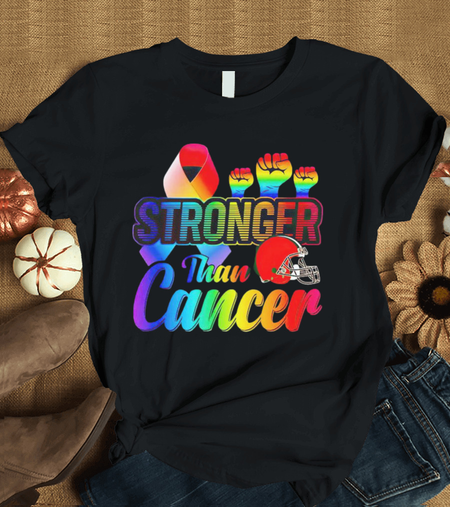 Cleveland Browns Stronger Than Cancer Rainbow Ribbon And Helmet T-Shirt