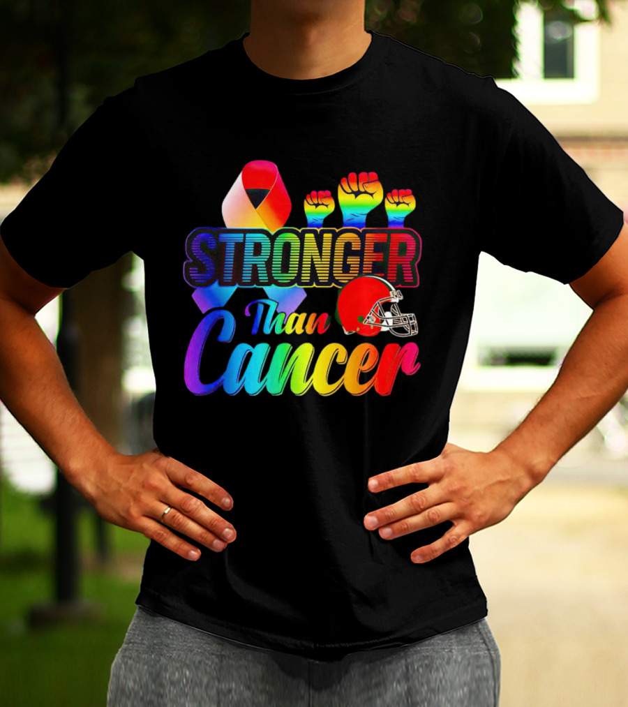 Cleveland Browns Stronger Than Cancer Rainbow Ribbon And Helmet T-Shirt