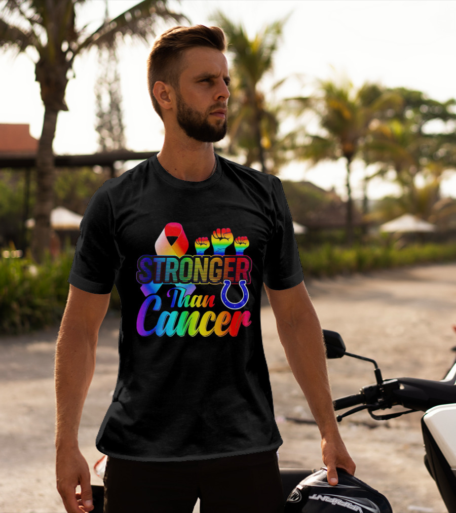 Stronger Than Cancer Indianapolis Colts Rainbow Ribbon And Fists Icons T-Shirt