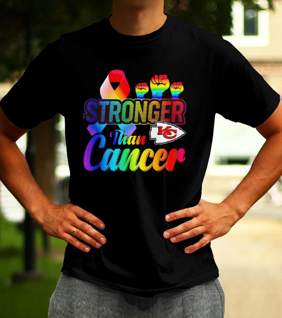 Kansas City Chiefs Stronger Than Cancer Rainbow Ribbon Fists T-Shirt