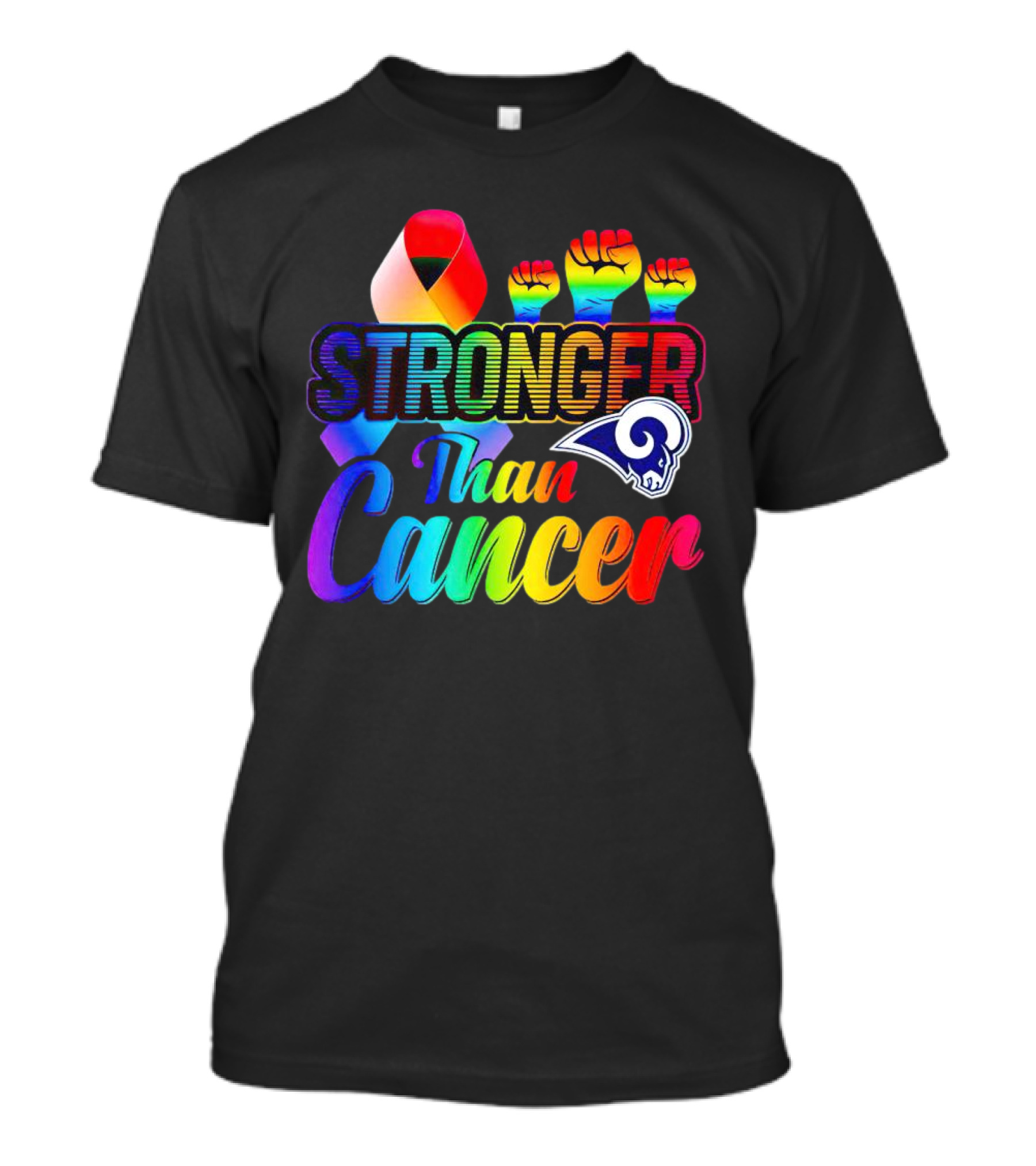 Stronger Than Cancer Los Angeles Rams Rainbow Ribbon Fists T-Shirt