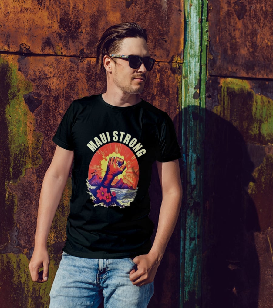 Maui Strong Fist With Vintage Island Sunrise And Hibiscus Flowers T-Shirt