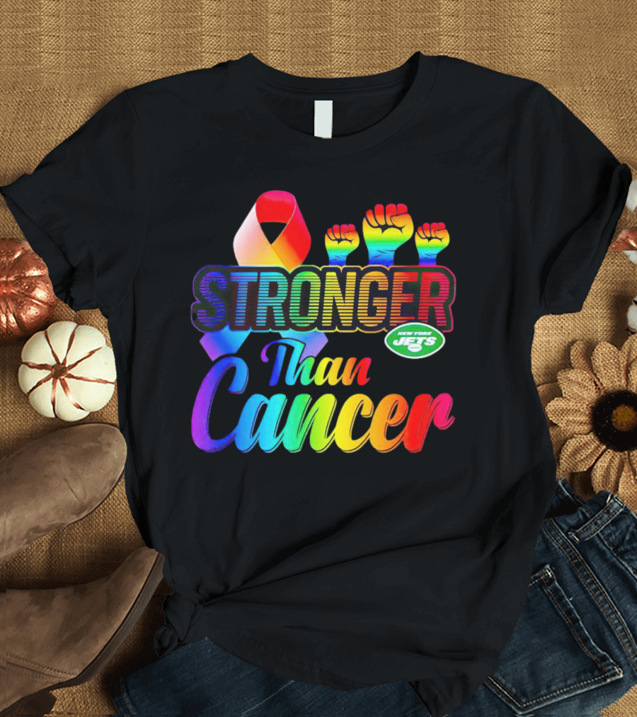 New York Jets Stronger Than Cancer Rainbow Ribbon And Fists T-Shirt