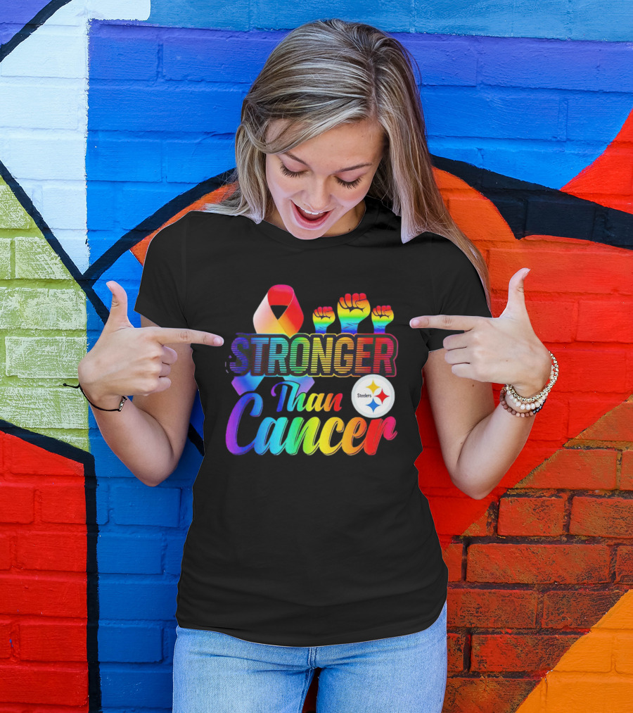 Pittsburgh Steelers Stronger Than Cancer Rainbow Ribbon And Fists T-Shirt