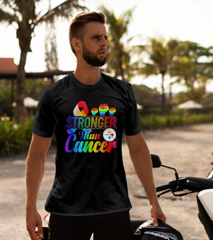 Pittsburgh Steelers Stronger Than Cancer Rainbow Ribbon And Fists T-Shirt