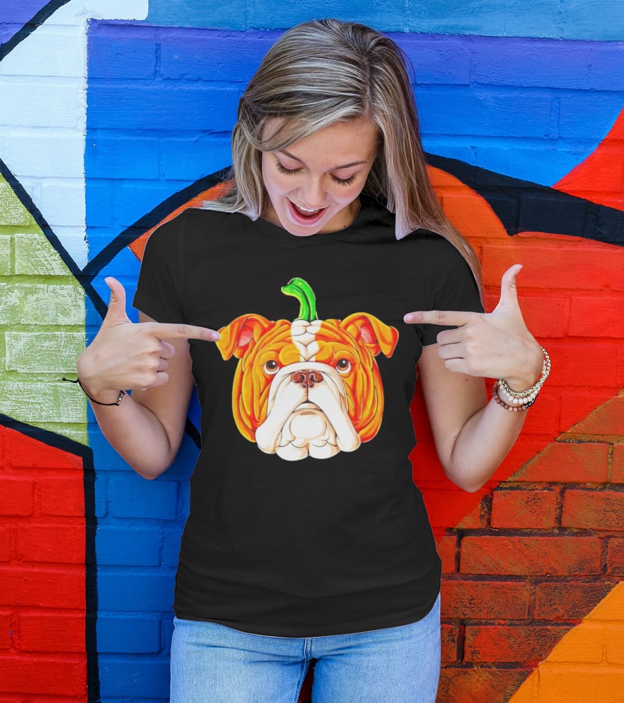 Bulldog Pumpkin Halloween Face With Green Stem T-Shirt
