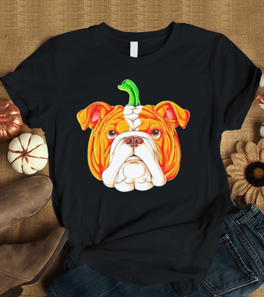 Bulldog Pumpkin Halloween Face With Green Stem T-Shirt