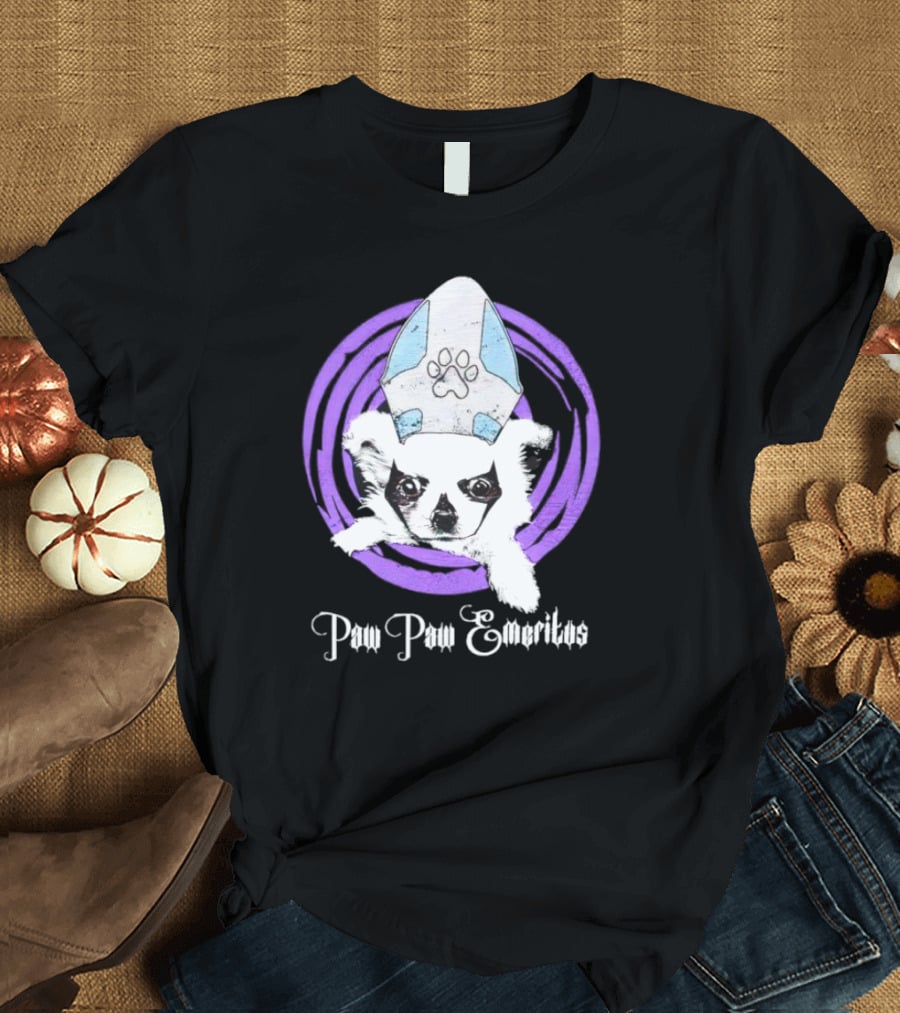 Paw Paw Emeritus Dog With White Mitre Hat And Purple Circle T-Shirt