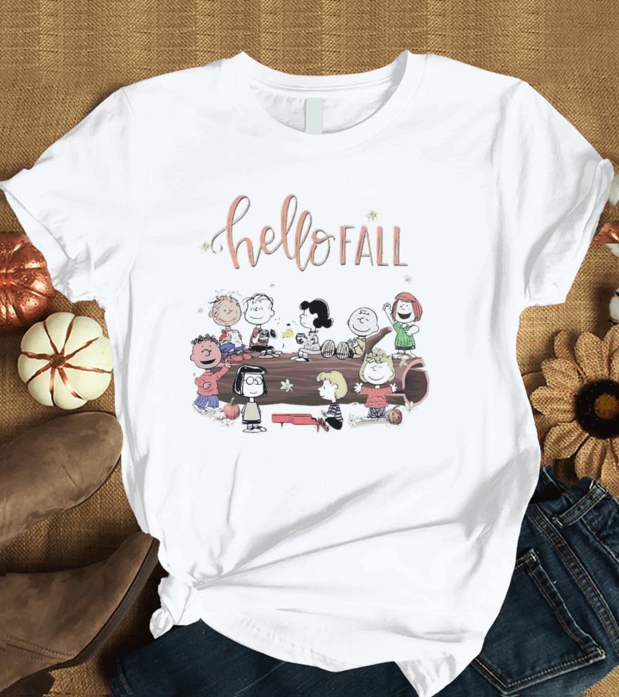 Peanuts Characters Celebrating Hello Fall With Autumn Fun T-Shirt