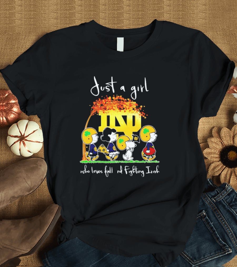Just A Girl Who Loves Fall ND Fighting Irish Peanuts Characters T-Shirt