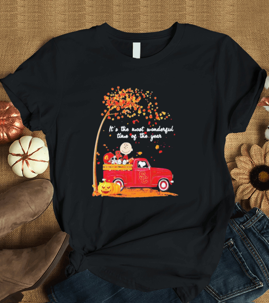 Peanuts Characters USC Trojans Fall It's The Most Wonderful Time Of The Year Football Truck Pumpkin Charlie Brown T-Shirt