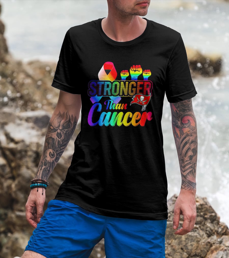 Tampa Bay Buccaneers Stronger Than Cancer Rainbow Ribbon Fists T-Shirt