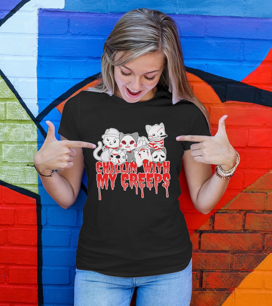 Chillin With My Creeps Cat Horror Icons T-Shirt