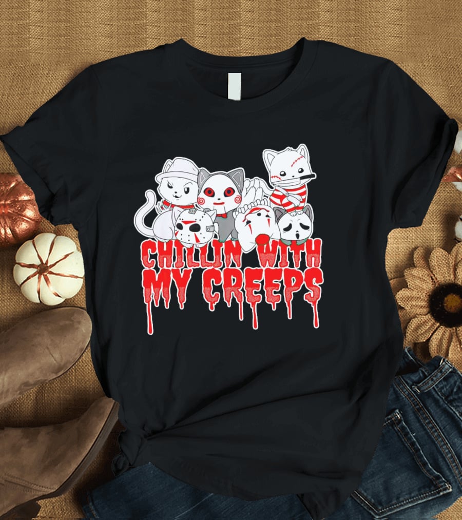 Chillin With My Creeps Cat Horror Icons T-Shirt