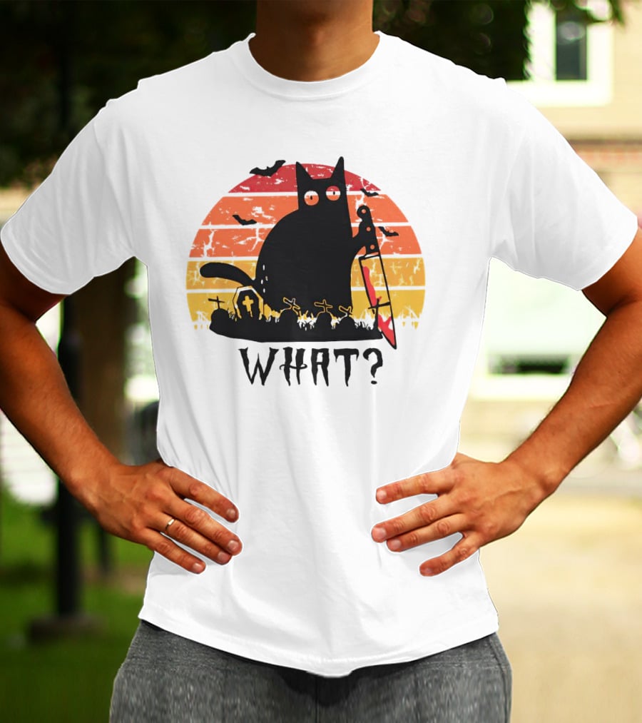 Cat With Sword And Graves Sunset Halloween T-Shirt