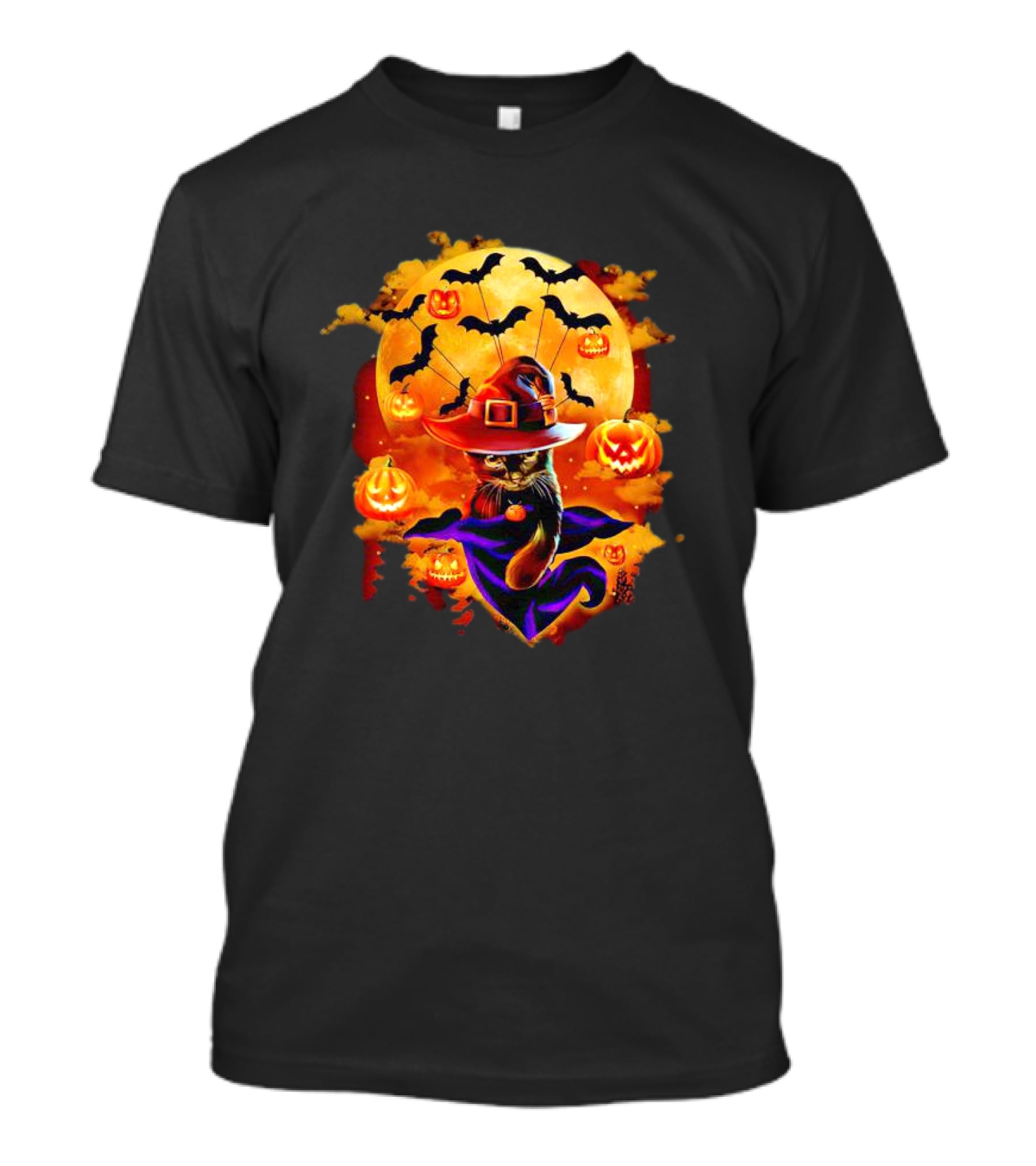 Cat Witch With Pumpkin Lanterns And Bats Halloween Moon T-Shirt
