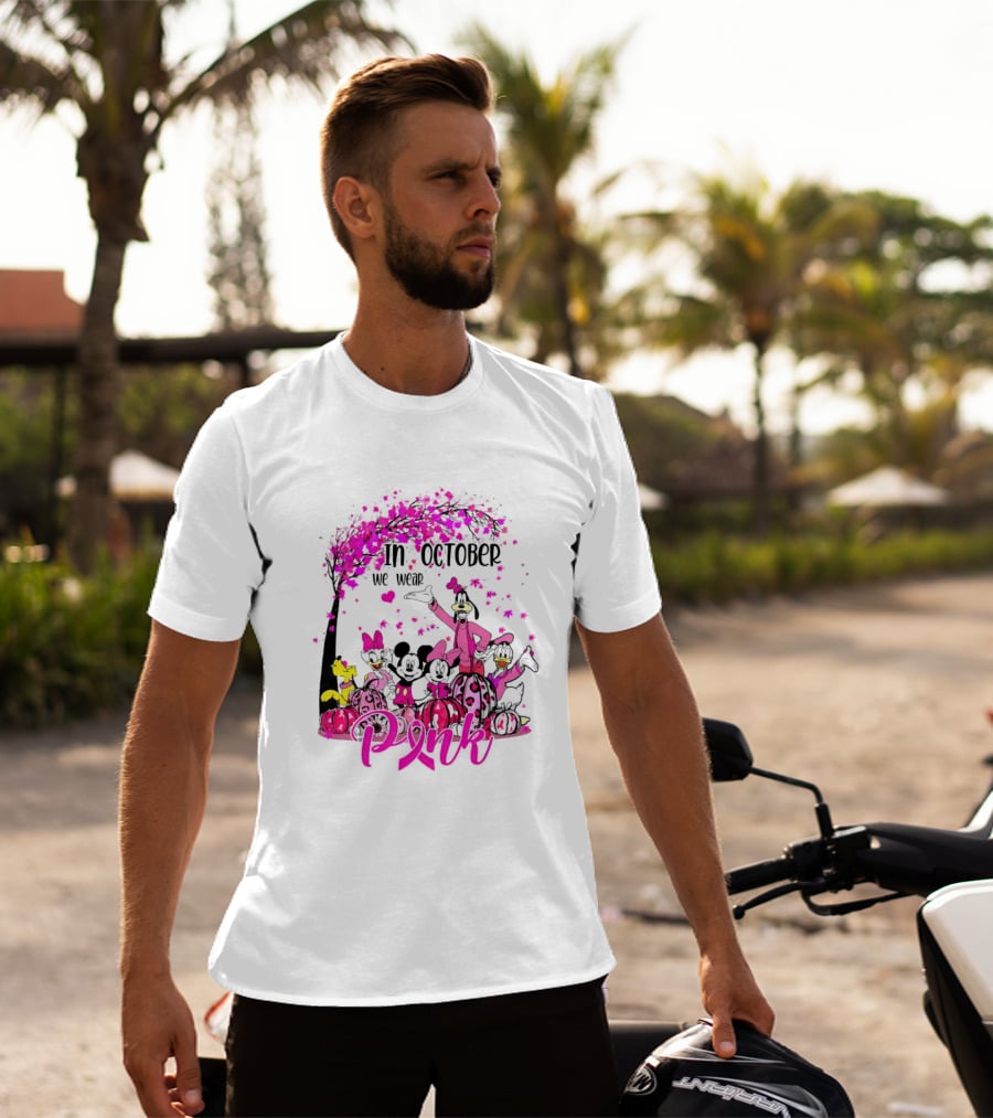 In October We Wear Pink Disney Characters Breast Cancer Awareness T-Shirt
