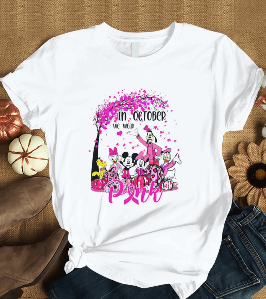 In October We Wear Pink Disney Characters Breast Cancer Awareness T-Shirt