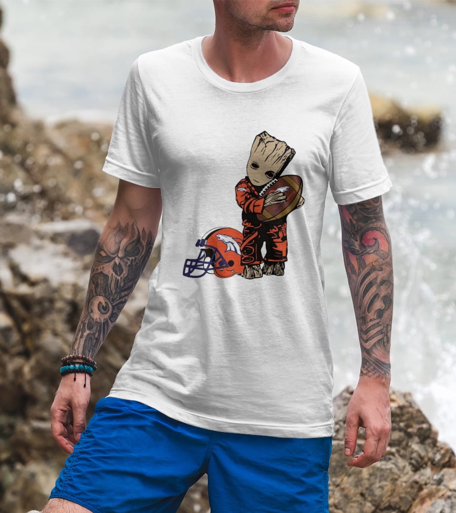 Groot Hugging Denver Broncos Football And Helmet T-Shirt