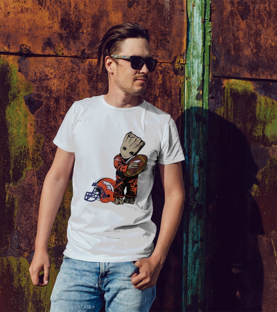 Groot Hugging Denver Broncos Football And Helmet T-Shirt