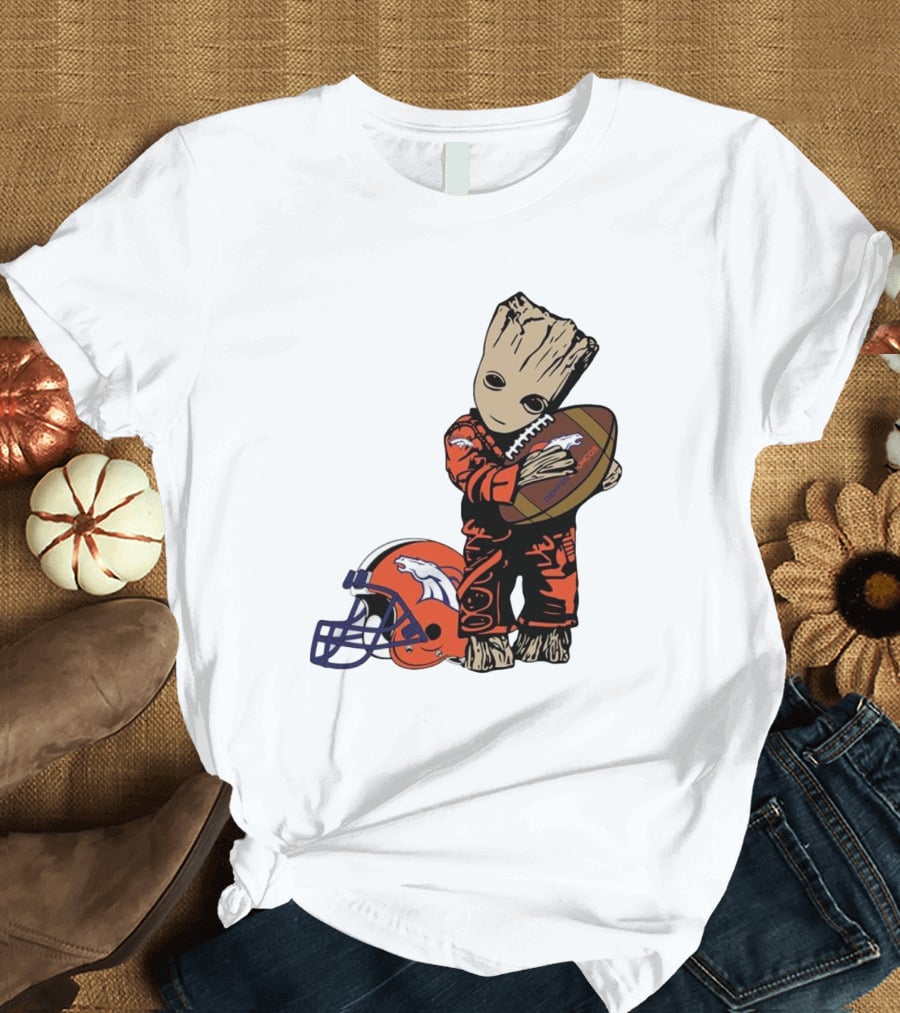 Groot Hugging Denver Broncos Football And Helmet T-Shirt