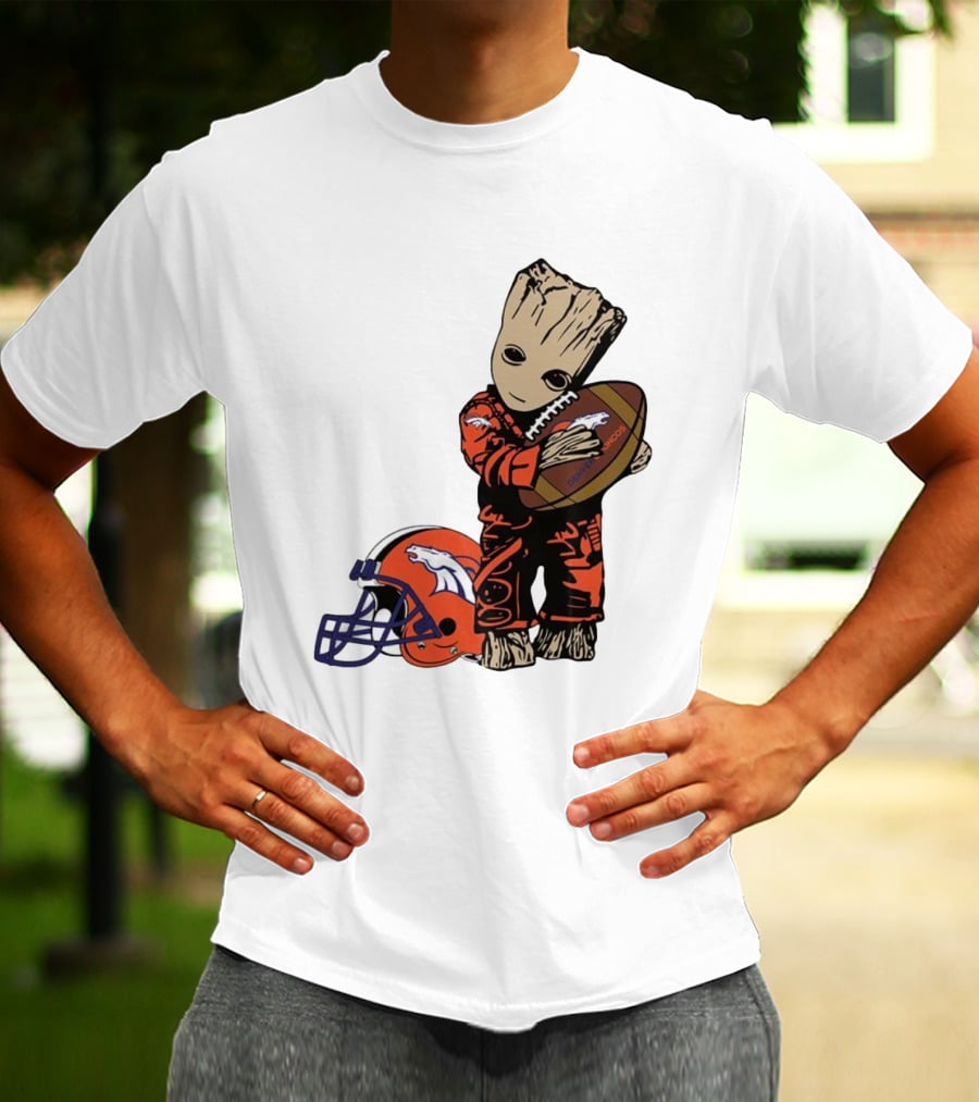 Groot Hugging Denver Broncos Football And Helmet T-Shirt