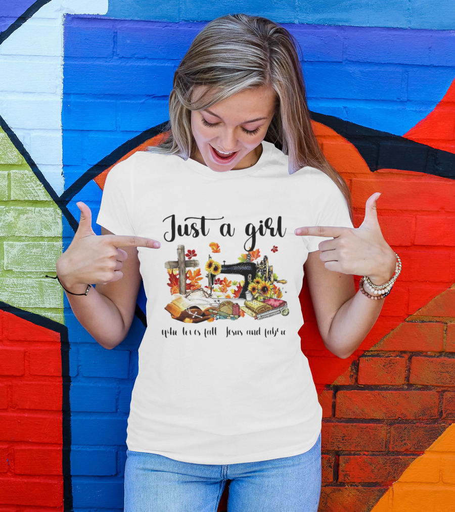 Just A Girl Who Loves Fall Jesus Cross Sewing Fabric T-Shirt