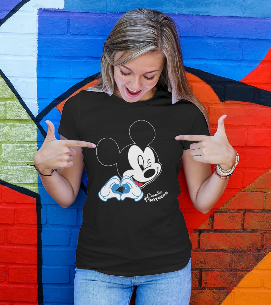 Mickey Carolina Panthers Fan Logo With Heart Gesture T-Shirt
