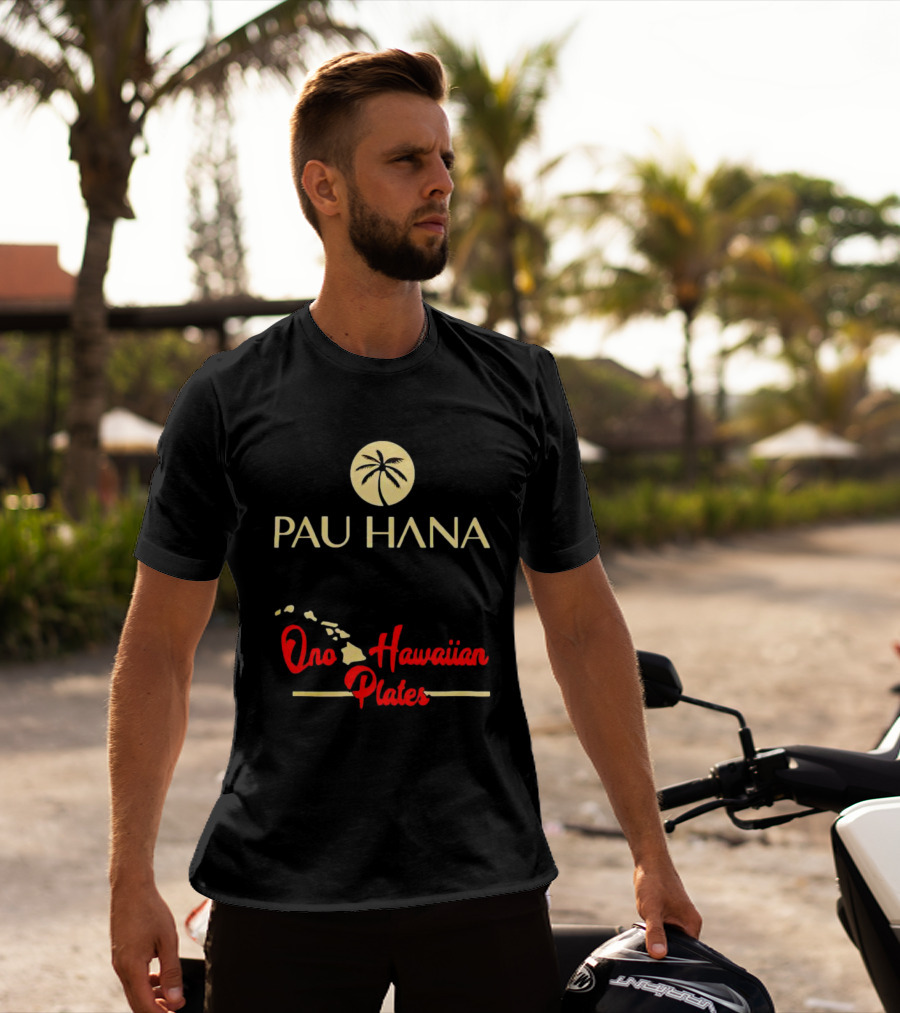 Pau Hana Palm Logo Ono Hawaiian Plates Map T-Shirt