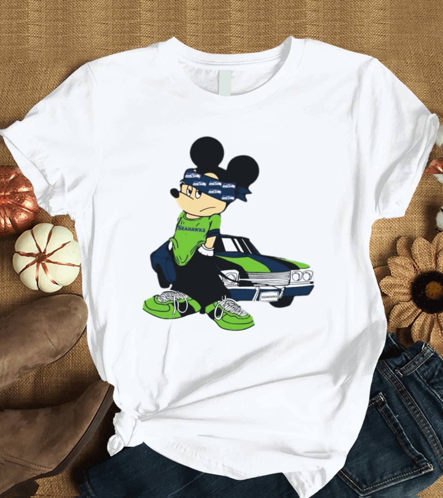 Seattle Seahawks Mickey Mouse Gangster Car Football Fan T-Shirt
