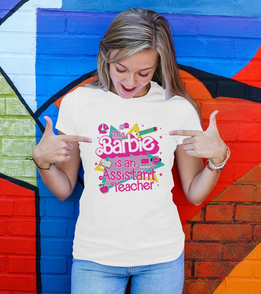 This Barbie Is An Assistant Teacher With Headphones Pencil Book Laptop Apple T-Shirt