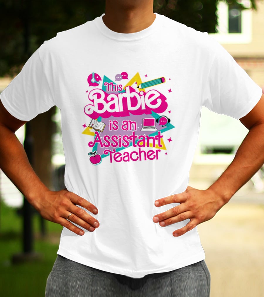 This Barbie Is An Assistant Teacher With Headphones Pencil Book Laptop Apple T-Shirt