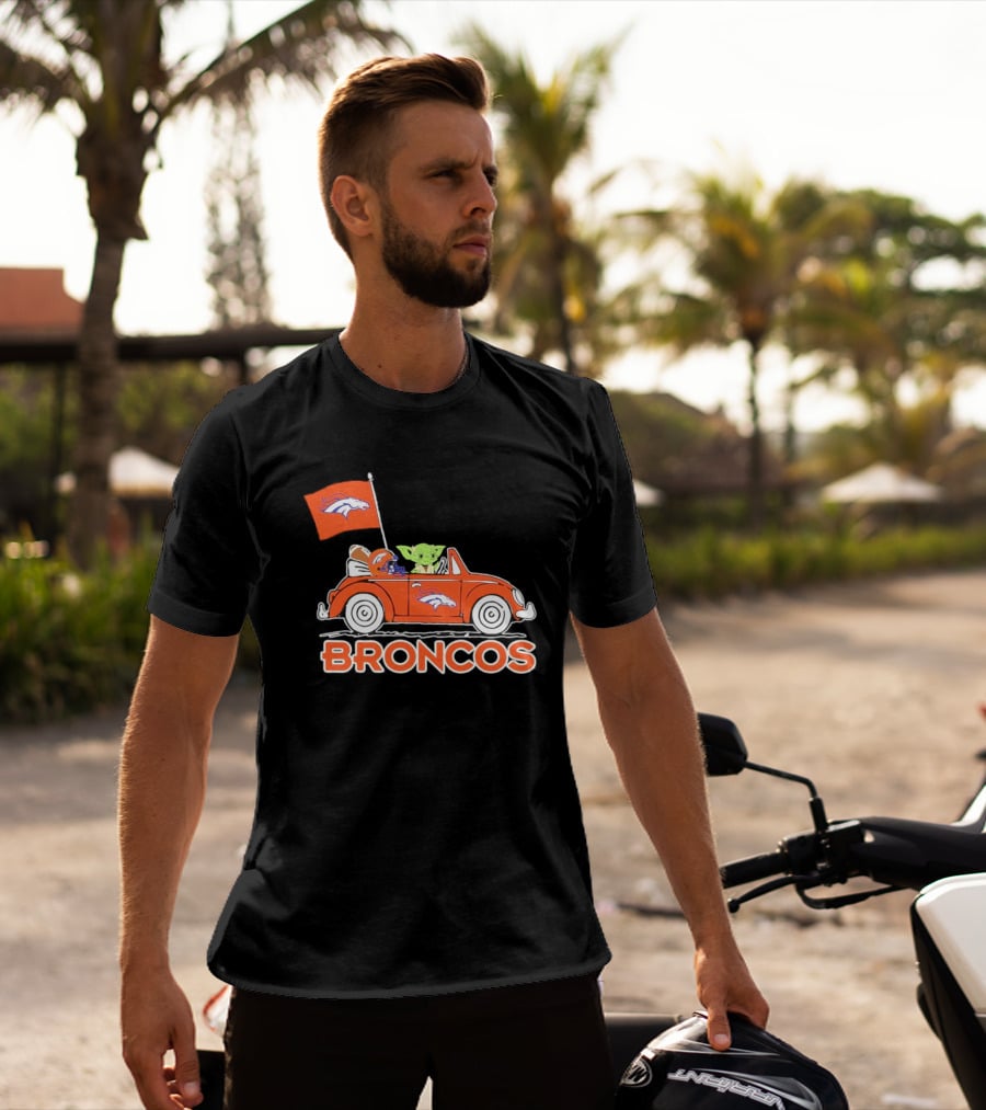 Yoda With Helmet In Denver Broncos Car With Flag T-Shirt