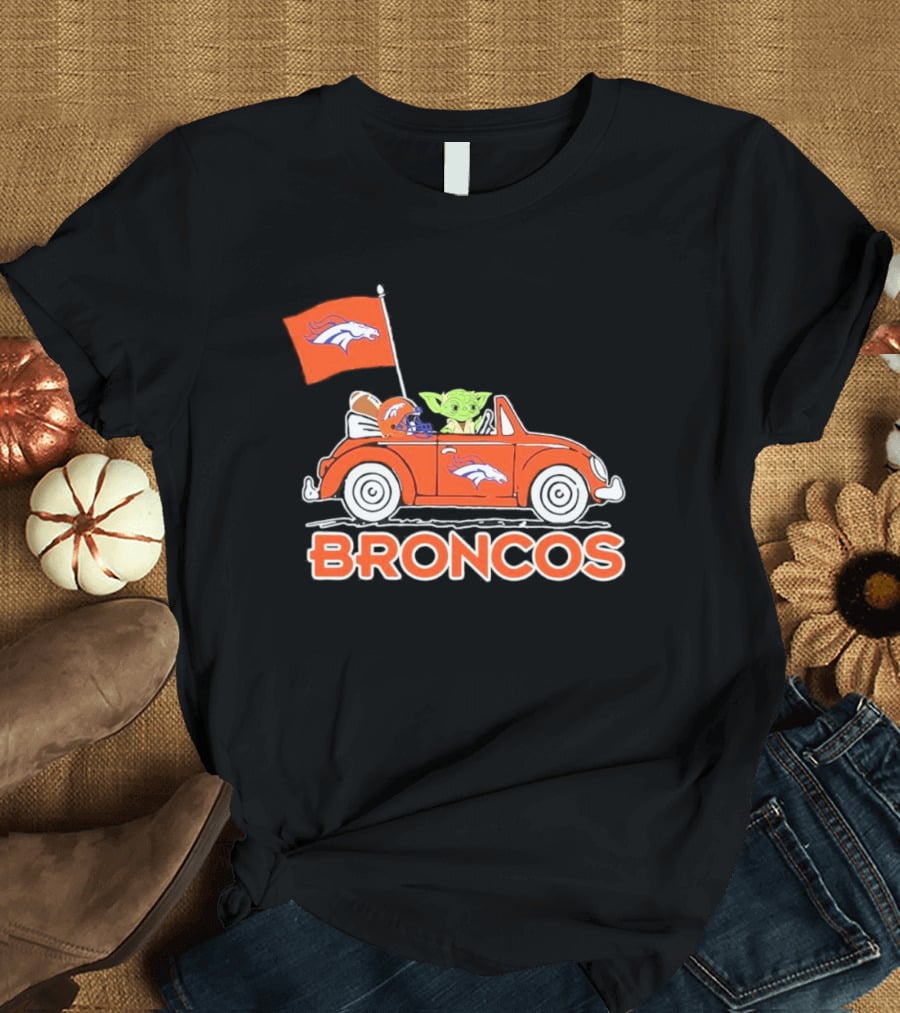 Yoda With Helmet In Denver Broncos Car With Flag T-Shirt